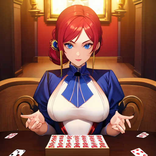 トランプの塊とまわりにいくつか散らばったトランプで何かしている女