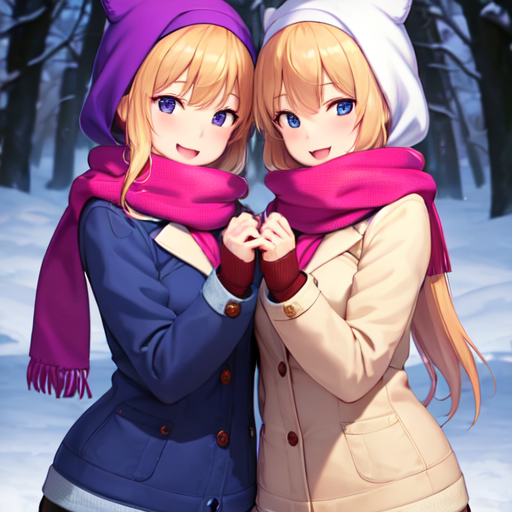 寒そうな雪山で女の子同士なのにマフラーのカップル巻きをしているかわいい女