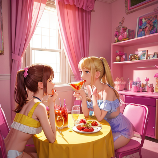 ジュースとフルーツで女子会を開いている女の子