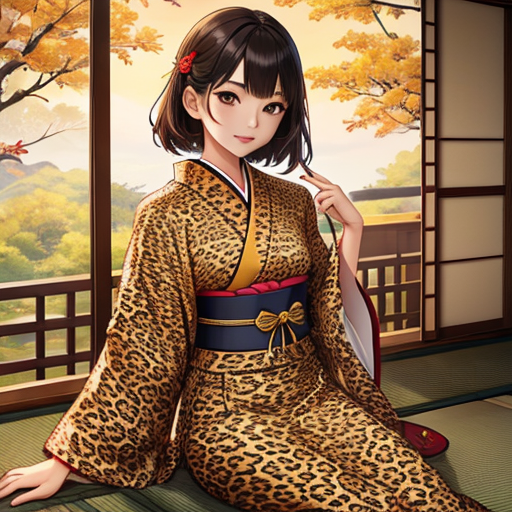 みごとなヒョウ柄和服を着た女性