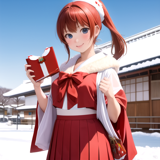 雪が降り積もっている街でサンタコスプレしている若い女