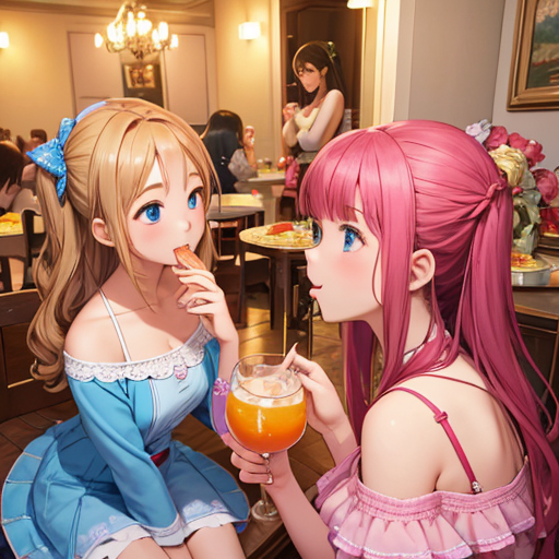 女子会でもとてもかわいい衣装をきている女性達のイラスト