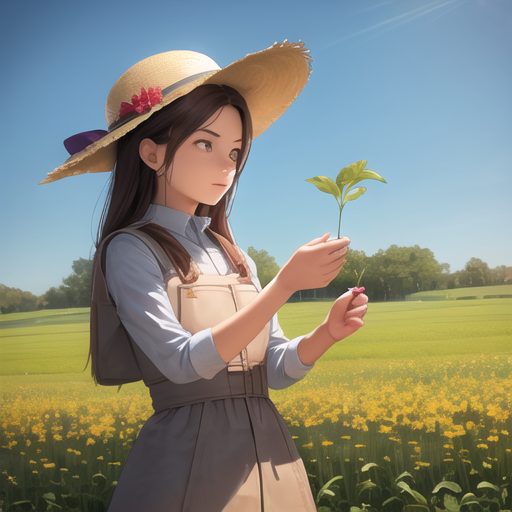 広い畑で花を摘んでいる女