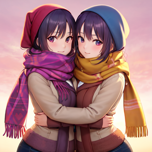 おそろいのマフラーをして抱き合っている双子の百合カップルな美少女