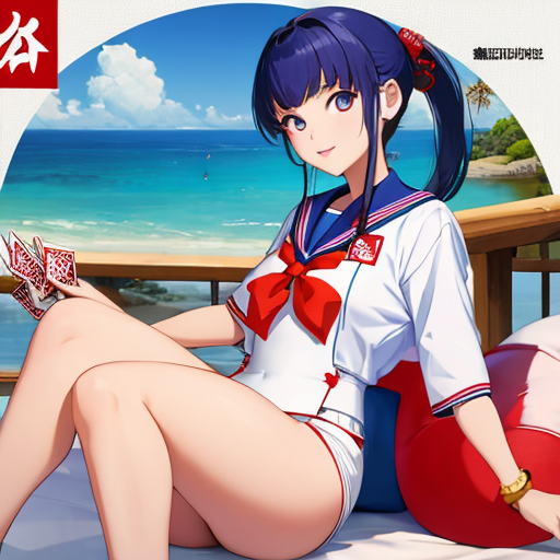 ハーフパンツの女性とトランプしている風