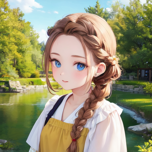 水辺で写真を撮ってもらっているみつあみ美少女の男性向け萌えイラスト画像