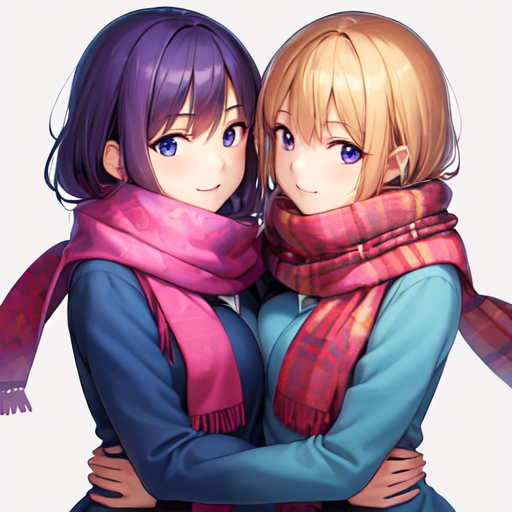 仲良く同じようなマフラーをして抱き合っている百合系女子達