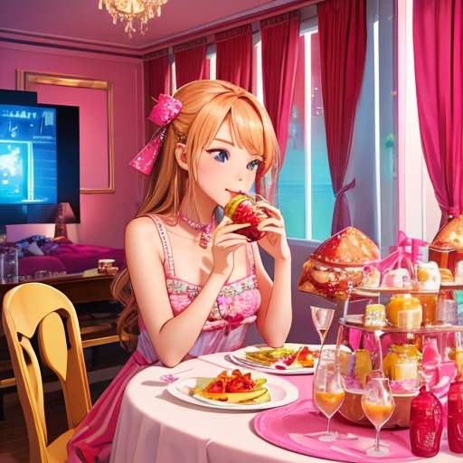 豪華な料理を食べながら女子会している若い女性