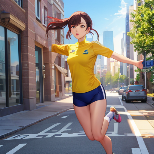 道路を走って横断している女