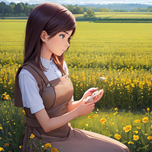 お花畑で座っている女性