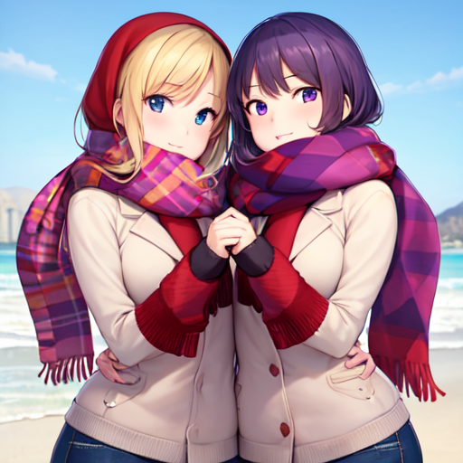 手をつないでマフラーのカップル巻きをしている百合少女達