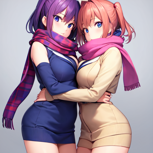 同じようなマフラーをして抱き合っている百合女子達