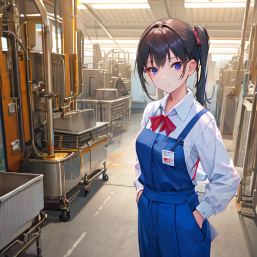 工場に慣れた感じで仕事している作業着を着た若い女の子