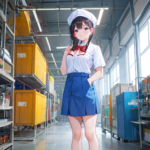 工場で普通の服を来て余裕の表情で作業員たちに指示をだしている女子高生