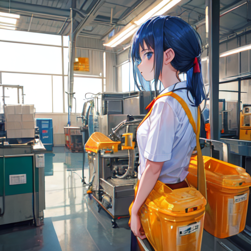 工場で作業着を着てしんどそうな仕事をしている美少女