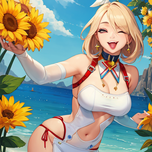 ひまわり畑でこっちにあっかんべーしている美人女性