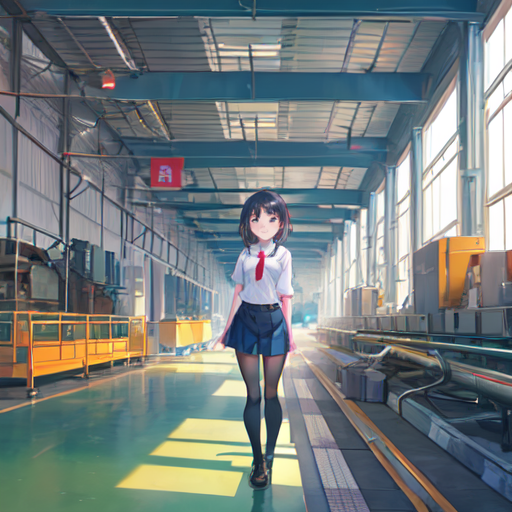 工場に一人立っている女性の絵