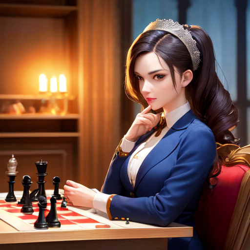 真剣な表情で悩みながらチェスをしている美女